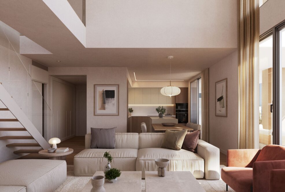 Interior de casa moderna con muebles multifunción y almacenamiento integrado